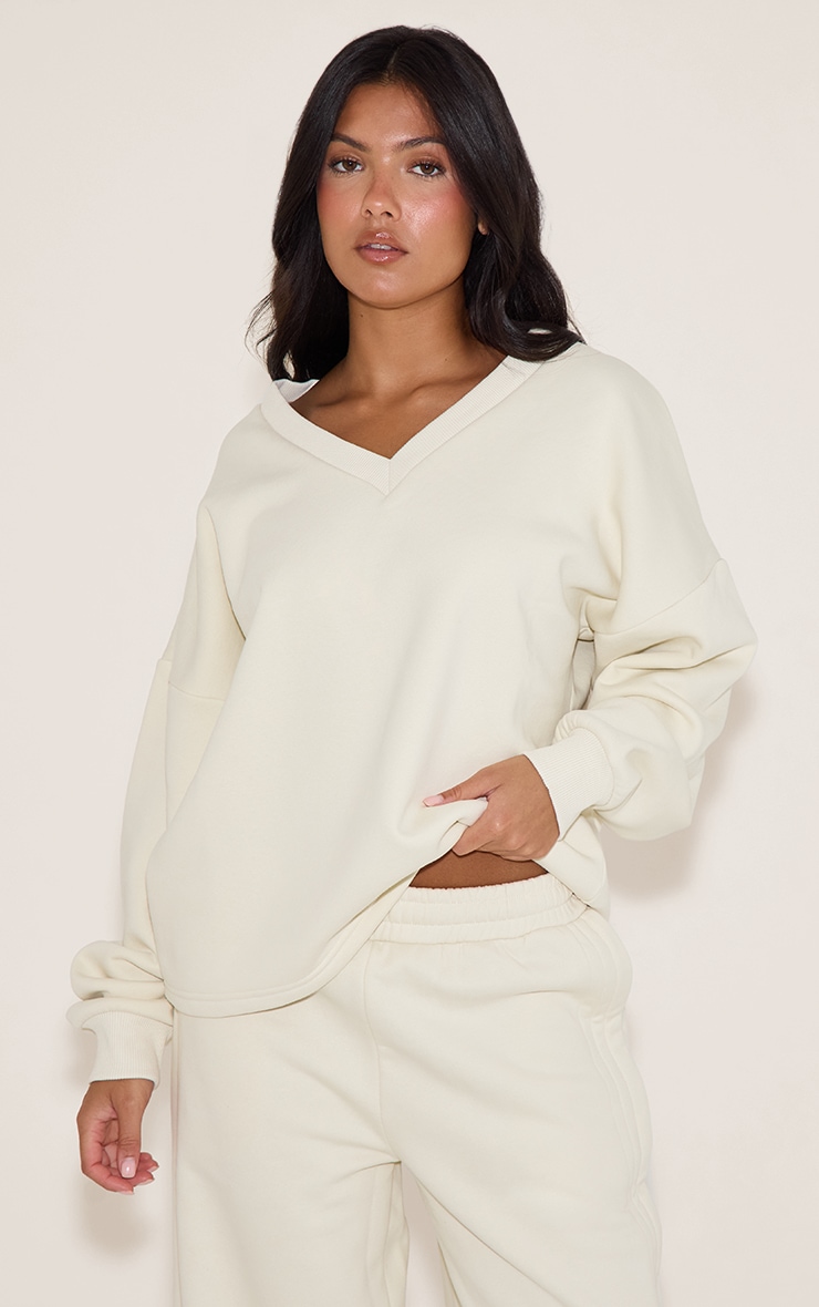 Cream V Neck Oversized Sweatshirt image 4