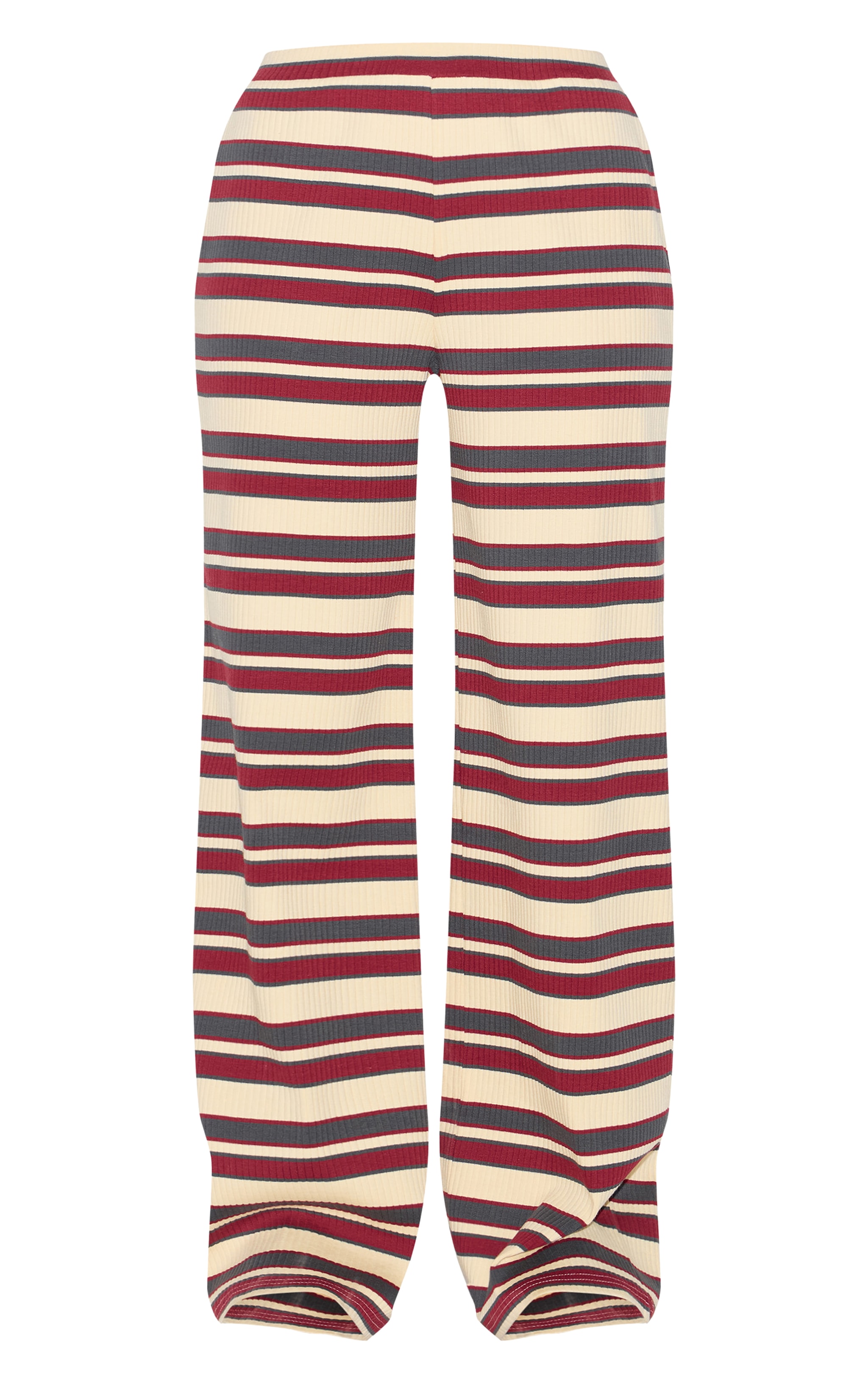 Burgundy Striped Mid Rise Ribbed Straight Leg Pants image 5
