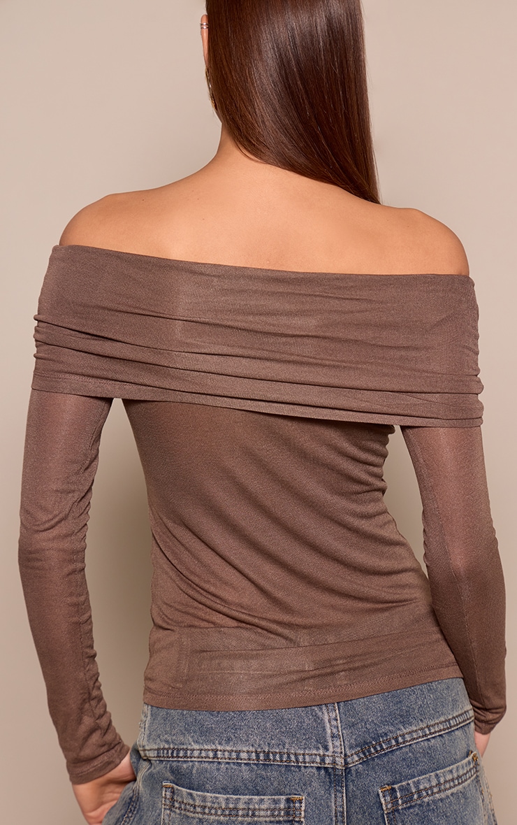 Light Brown Sheer Soft Touch Fold Over Detail Bardot Long Sleeve Top image 2