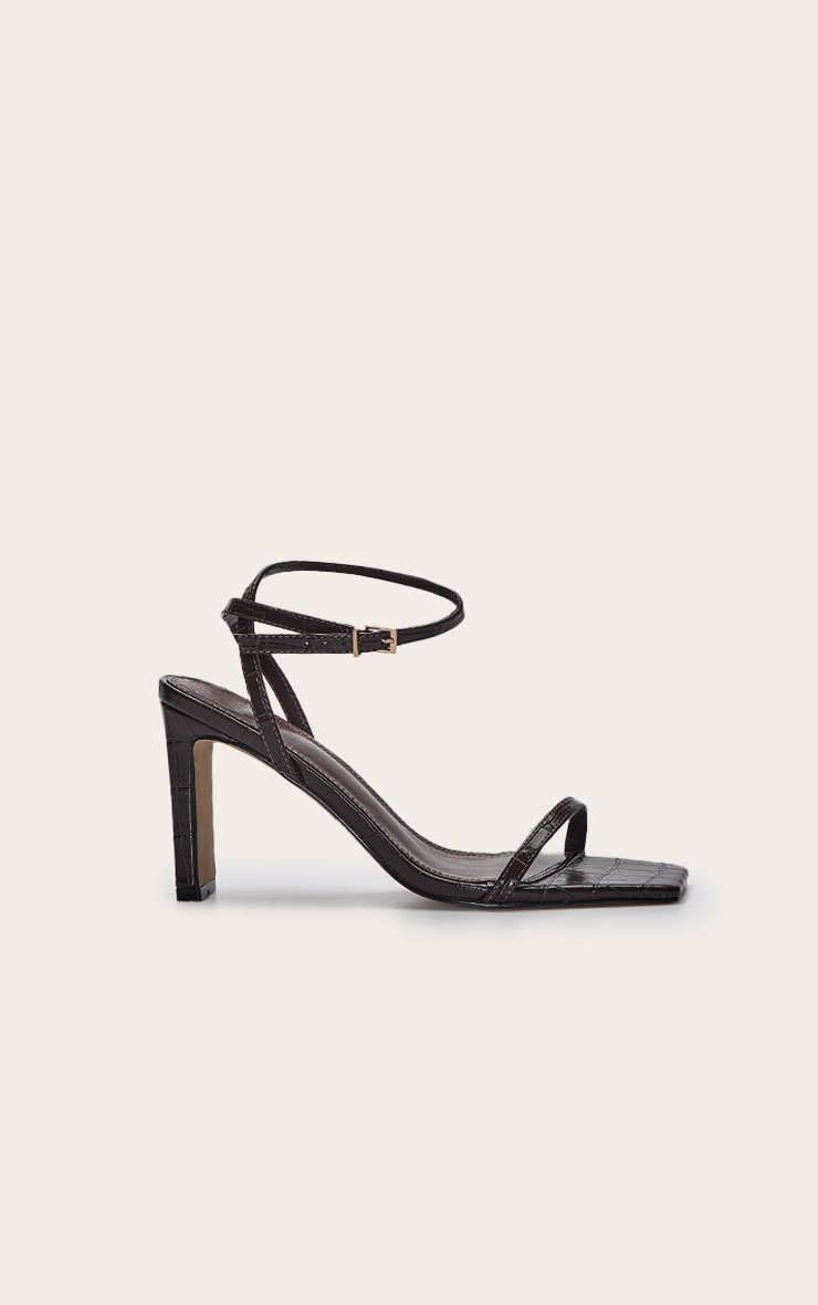 Chocolate Croc Square Toe Slim Block Heel Barely There Sandal image 2