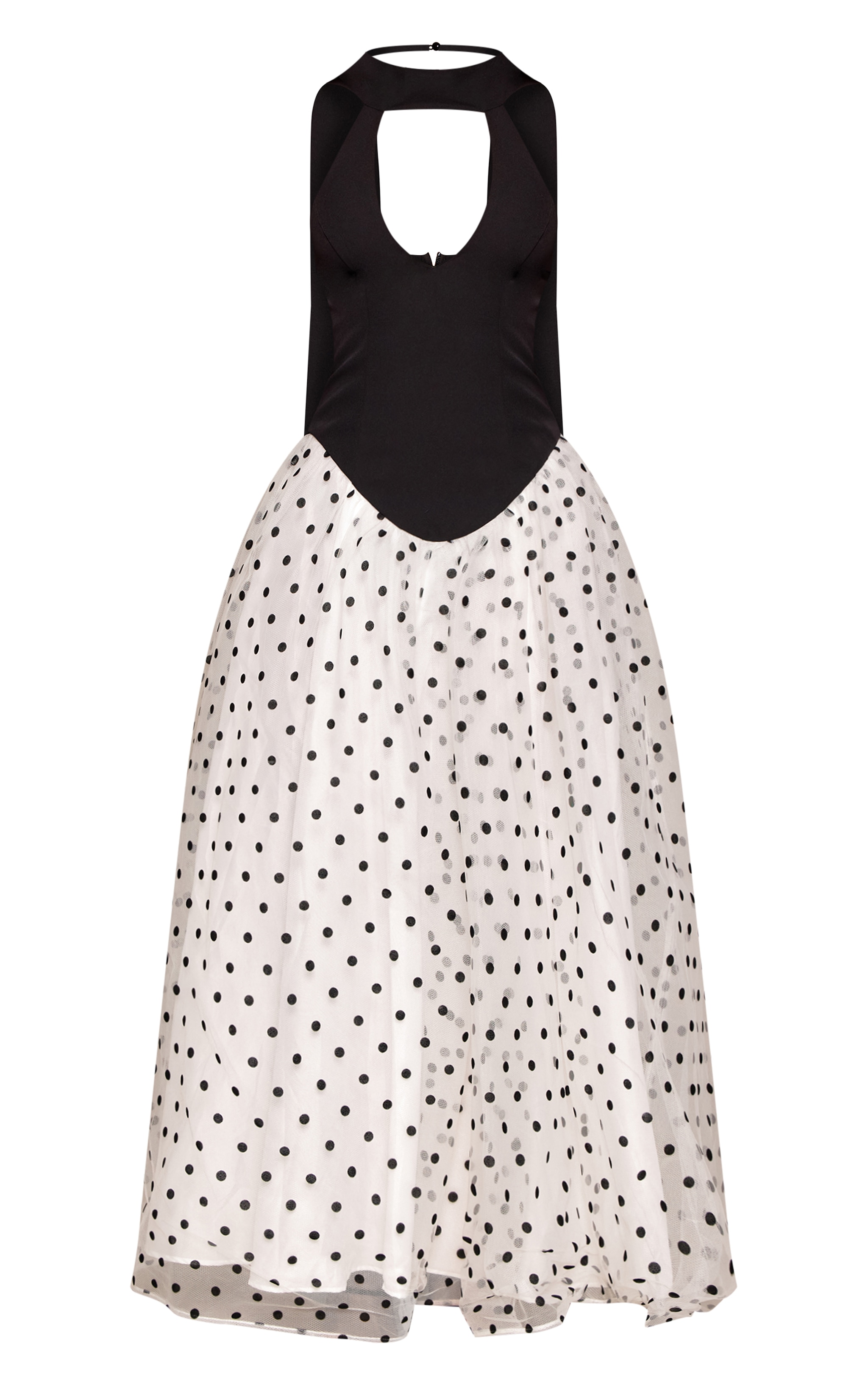 Petite Black Polka Dot Halterneck Scarf Dropped Waist Mesh Maxi Dress image 5