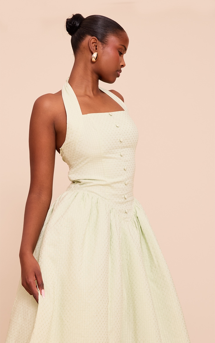 Robe mi-longue en coton brodé sauge à dos nu image 4