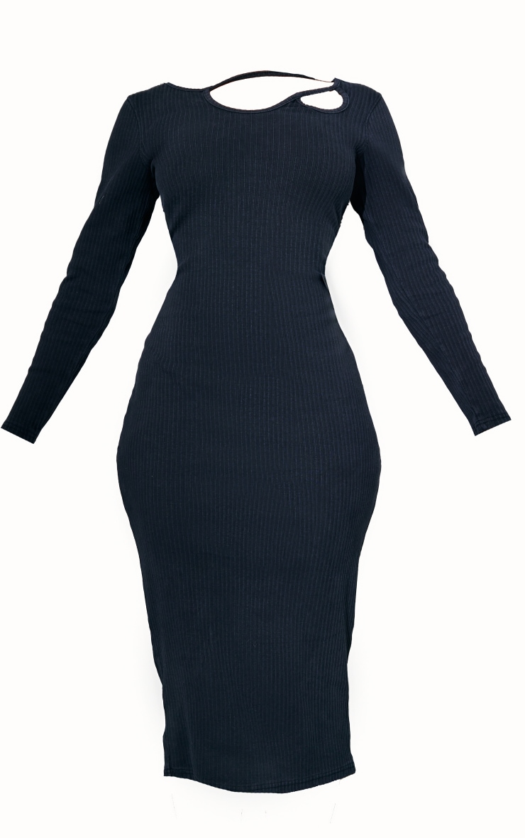 Ink Blue Rib Cut Out Detail Long Sleeve Midaxi Dress image 5