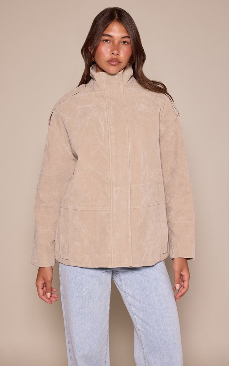 Stone Funnel Neck Concealed Placket Longline Suede Jacket image 1