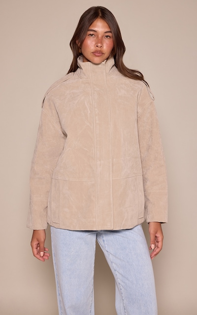 Veste longue en suédine gris pierre à col entonnoir et boutons cachés