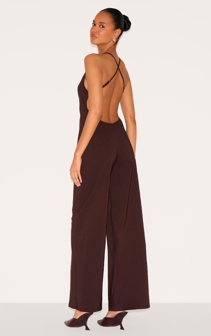 Dark Chocolate Stretch Woven Square Neck Wide Leg Jumpsuit image 2