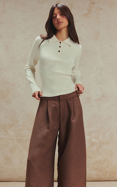 Cream Ribbed Knit Long Sleeved Polo Top