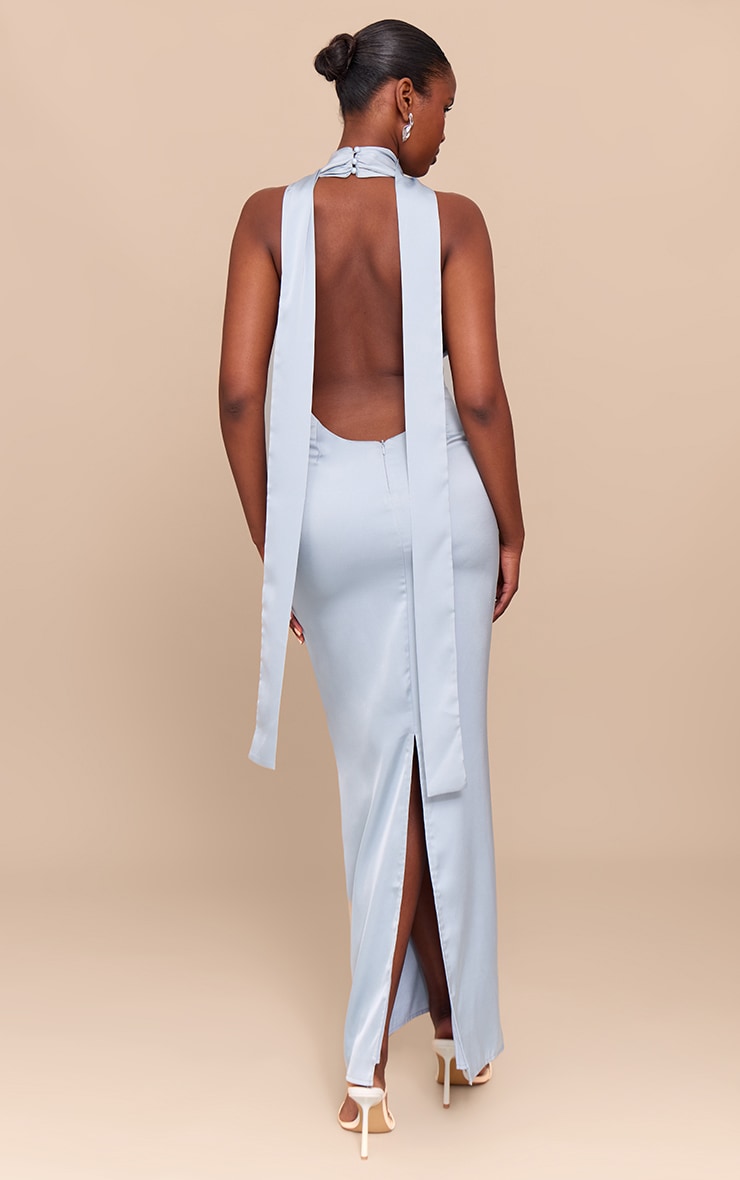 Baby Blue Satin Cowl Neck Drape Maxi Dress image 2