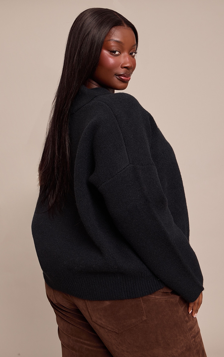 Plus Black Contrast Collar Deep V Neck Slouchy Sweater image 2