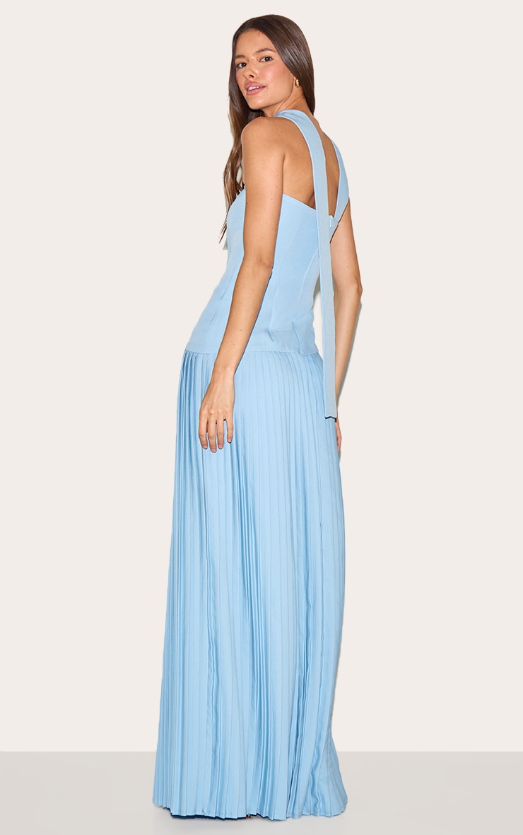 Pale Blue Woven Asymmetric Pleated Maxi Dress image 2