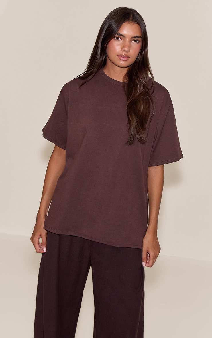 Dark Chocolate Cotton Basic Oversized T-shirt image 1