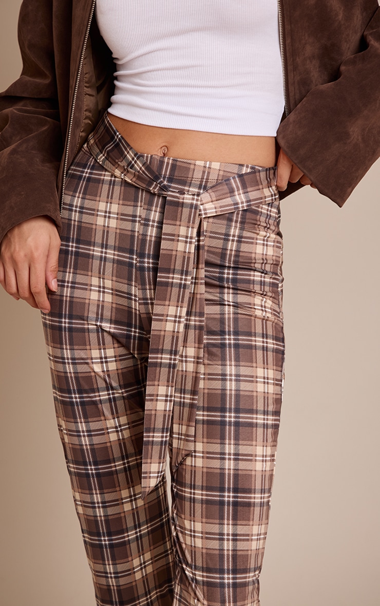 Brown Check Print Double Layer Wrap Waist Capri Leggings image 4