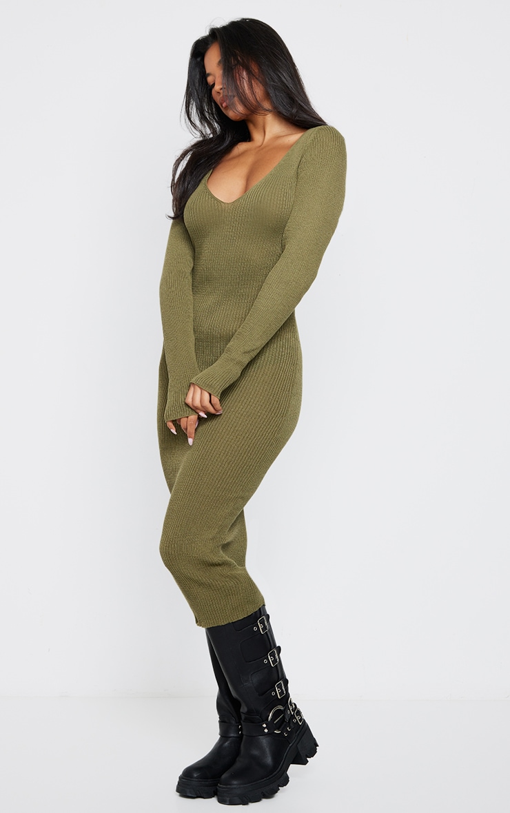 Khaki V Neck Knit Midi Dress image 3