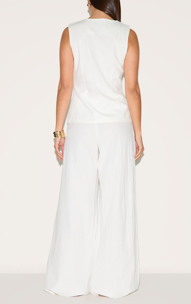 White Linen Look Wide Leg Pleated Pants image 3
