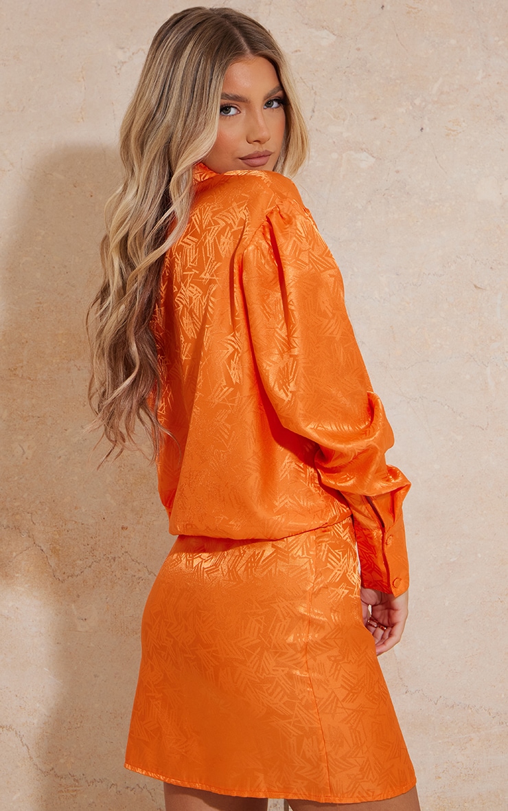 Orange Printed Satin Shirt Dress image 2