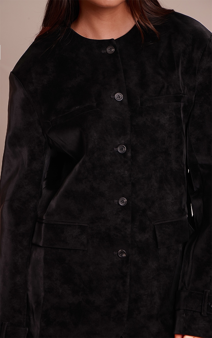Black Collarless Button Detail Faux Suede  Jacket image 4