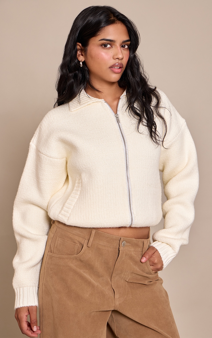 Petite Cream Knitted Zip Up Bomber Jacket image 1