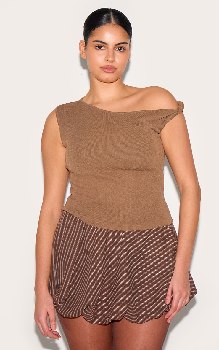 Plus Chocolate Pinstripe Print Cotton Puffball Skirt image 4