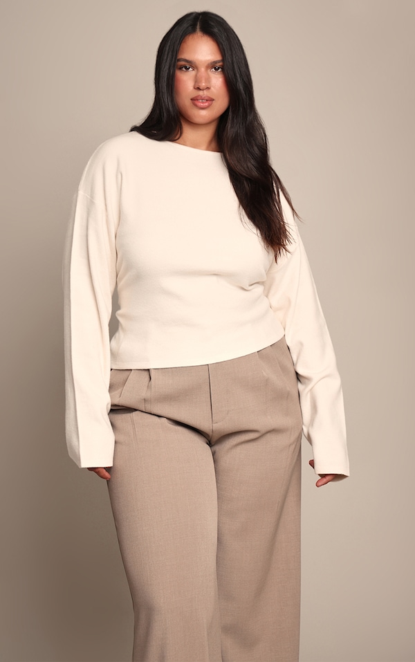 Plus Cream Cocoon Sleeve Cinched Long Sleeve T Shirt