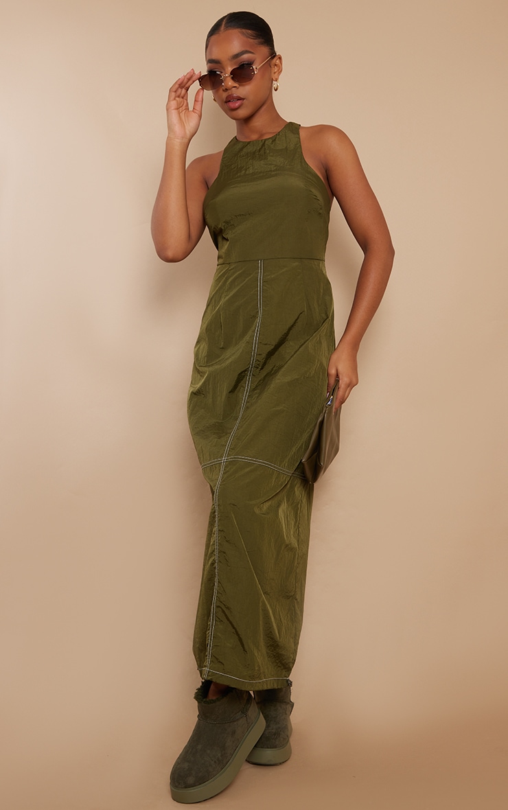 Khaki Parachute Cargo Contrast Stitch Racer Neck Maxi Dress