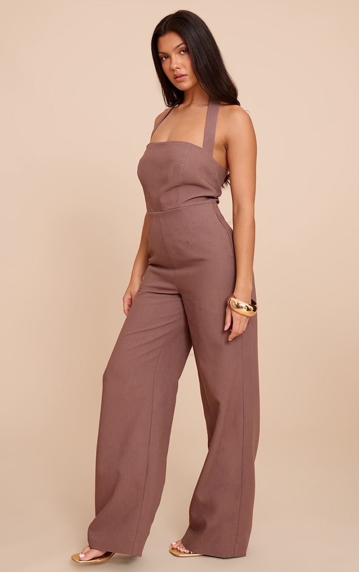 Chocolate Premium Woven Halter Neck Wide Leg Jumpsuit image 3