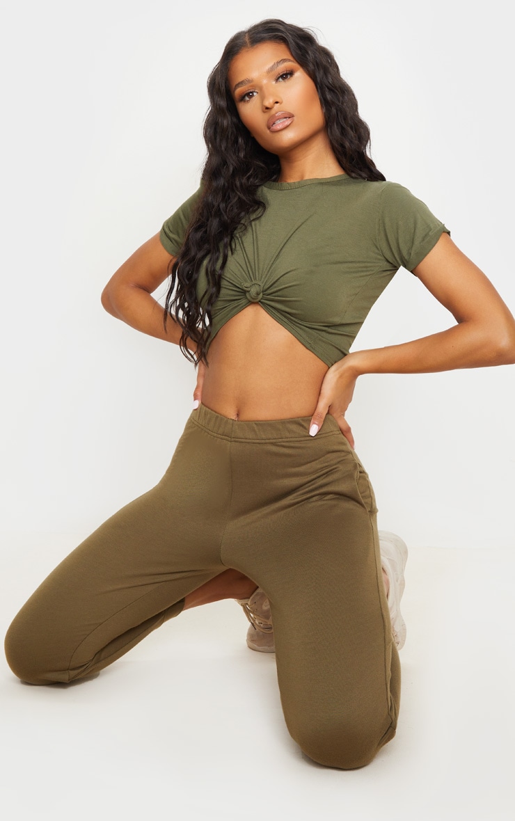 Basic Khaki Roll Sleeve Crop T Shirt image 3