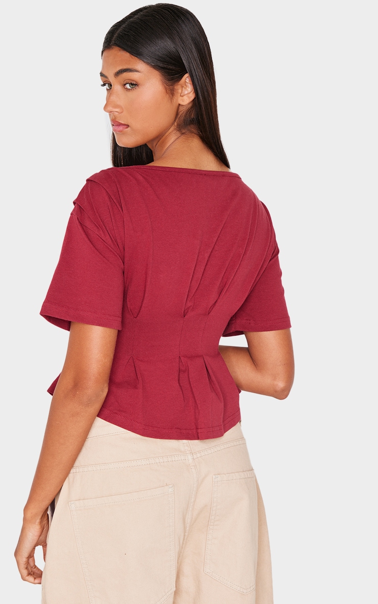  Burgundy Cinched Waist Structured T Shirt image 2