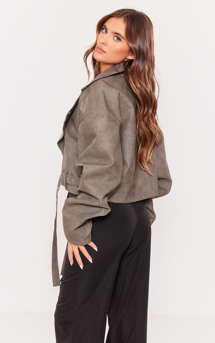  Charcoal Faux Leather Oversized Buckle Detail Biker Jacket image 2