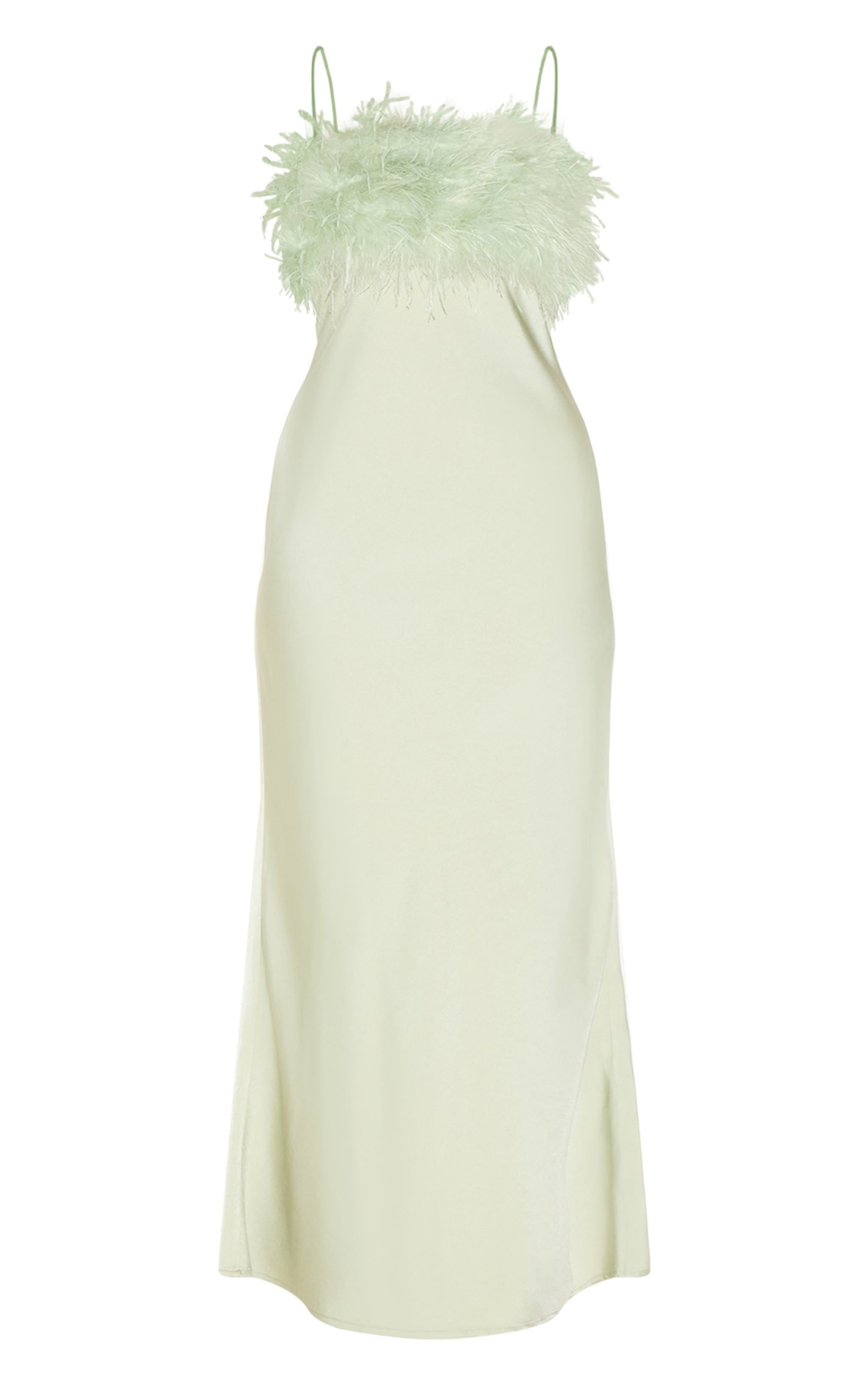 Robe longue satinée sauge à bretelles fines et buste en plumes image 5