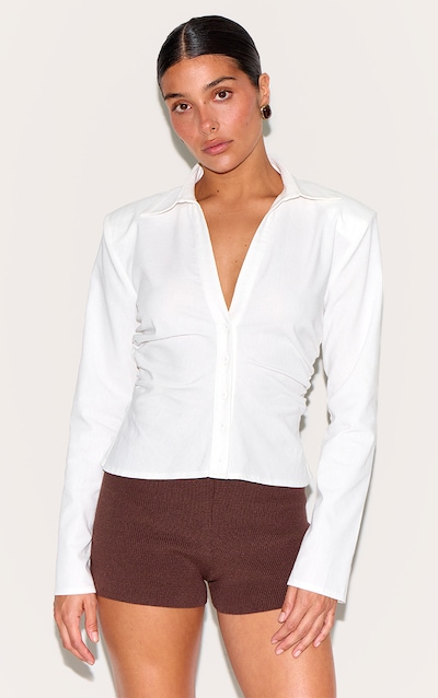 Petite White Linen Look Shoulder Padded Fitted Shirt