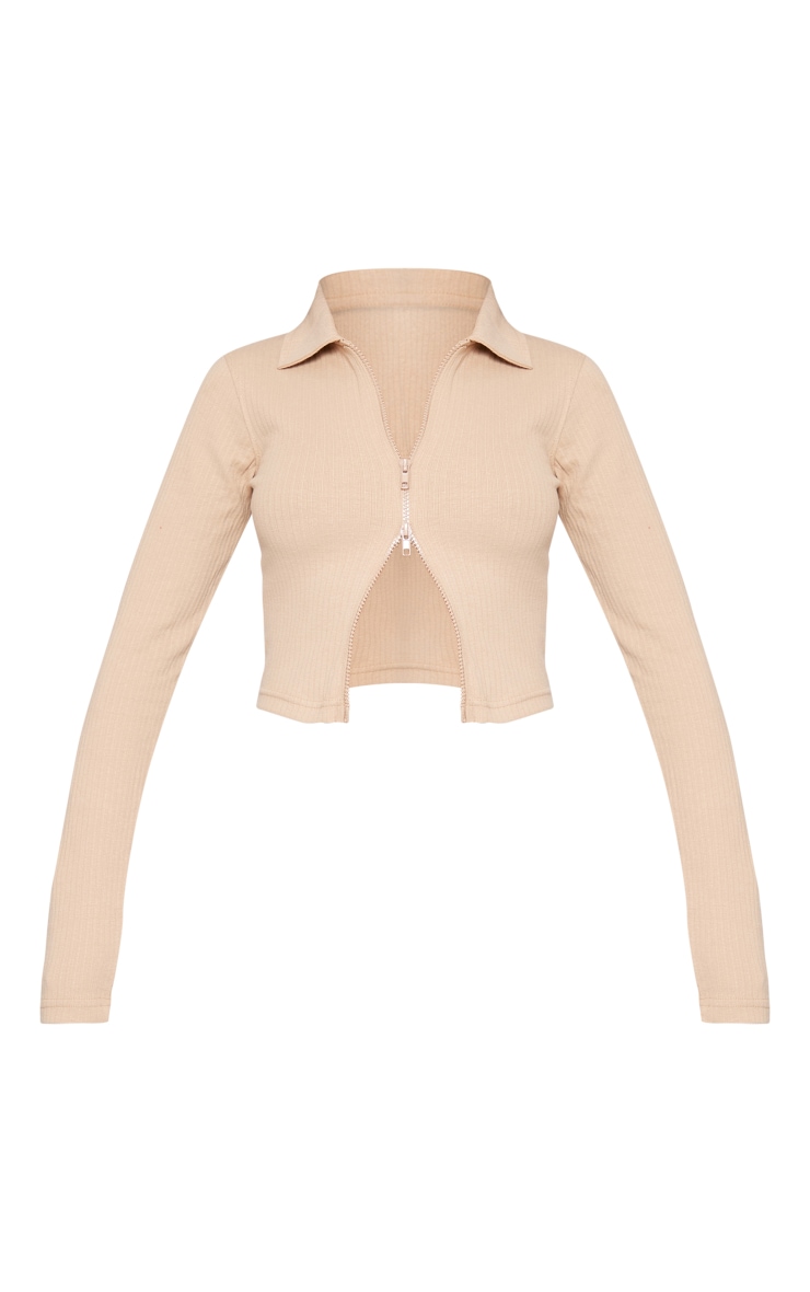 Sand Jumbo Rib Collar Double Zip Top image 5