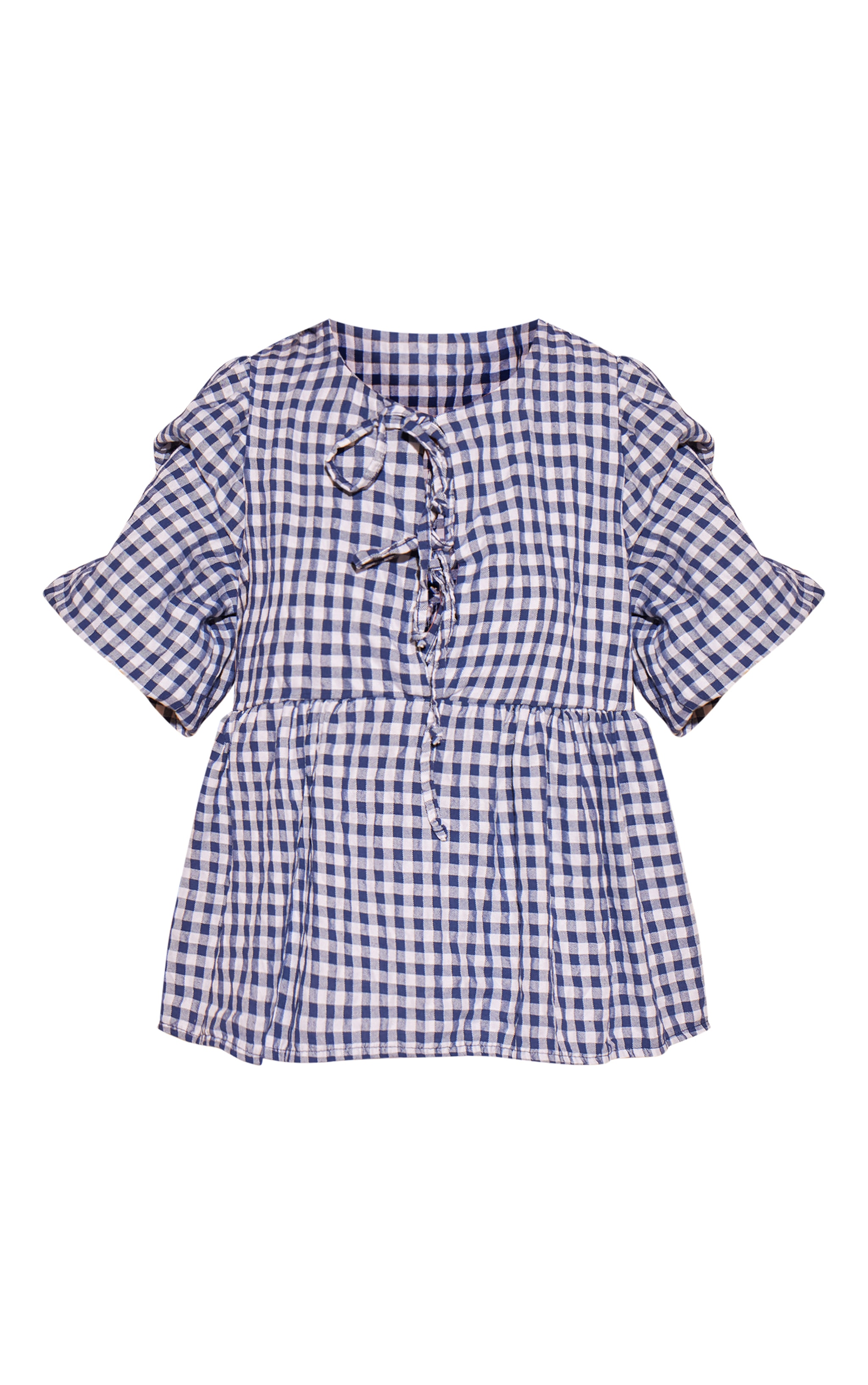 Navy Gigham Tie Front Puffsleeve Blouse image 5