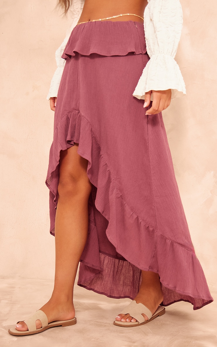 Berry Cheesecloth Shirred Waist Waterfall Hem Maxi Skirt image 2