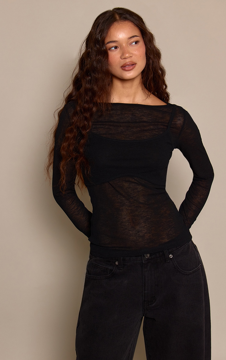 Black Ribbed Burnout Mesh Bralet Detail Long Sleeve Top