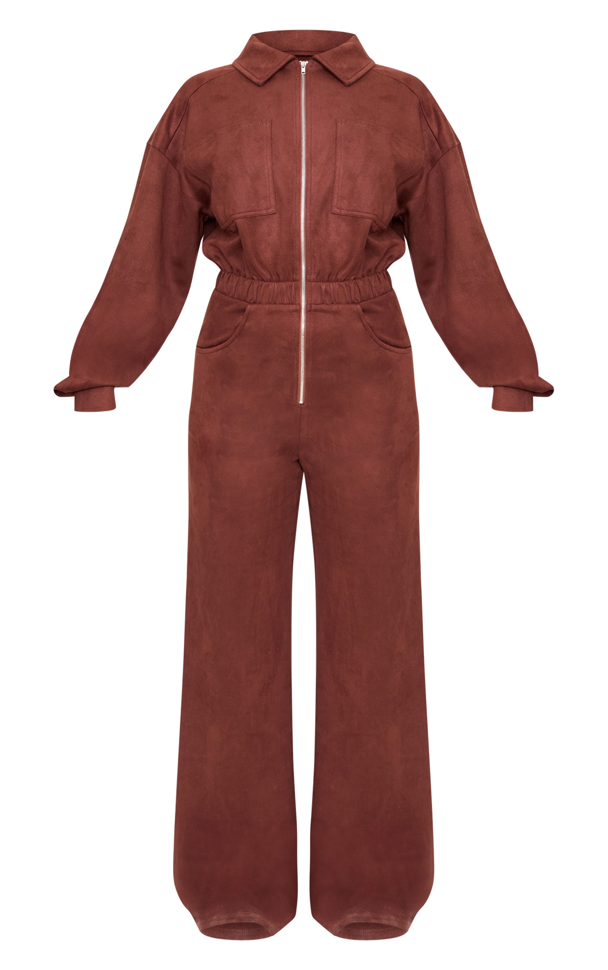 Chocolate Faux Suede Long Sleeve Straight Leg Jumpsuit image 5