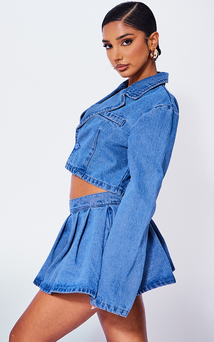 Petite Blue Cropped Denim Blazer image 2