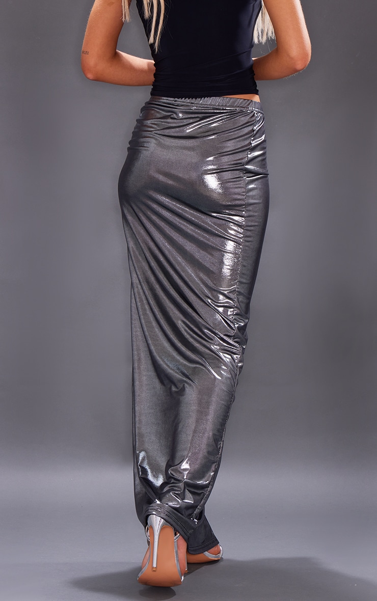 Gunmetal Metallic Foil Split Side Maxi Skirt image 3