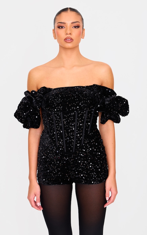 Black Velvet Sequin Puff Sleeve Playsuit