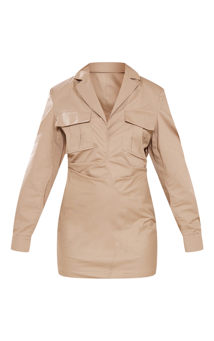 Camel Woven Pocket Detail Shoulder Pad Shirt Style Dress image 5