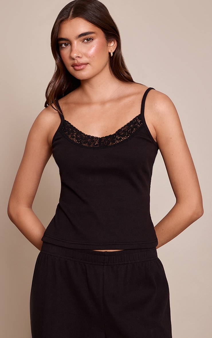 Black Ribbed Lace Trim Cami Top  image 1