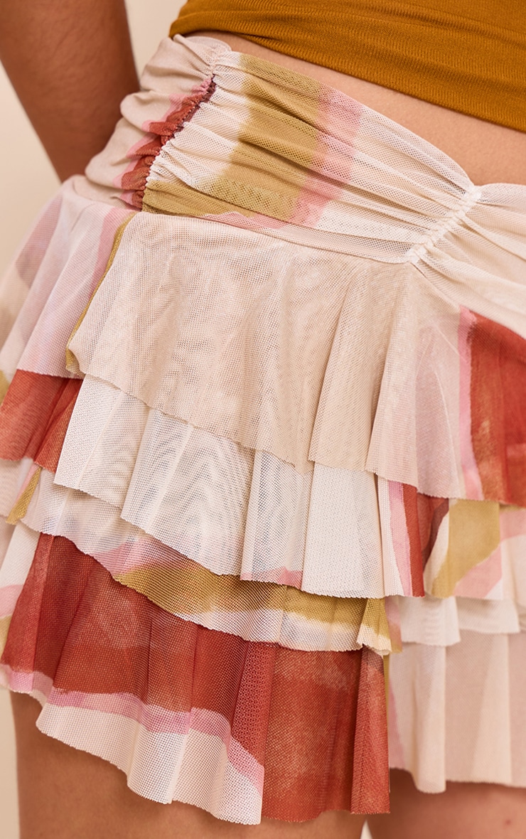 Beige Printed Mesh Frilly Low Waist Mini Skirt | Bottoms