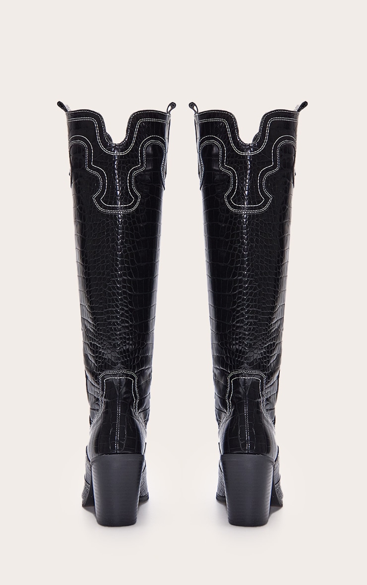Bottes hautes pointues en PU noir effet croco à talon carré haut et coutures style western image 3