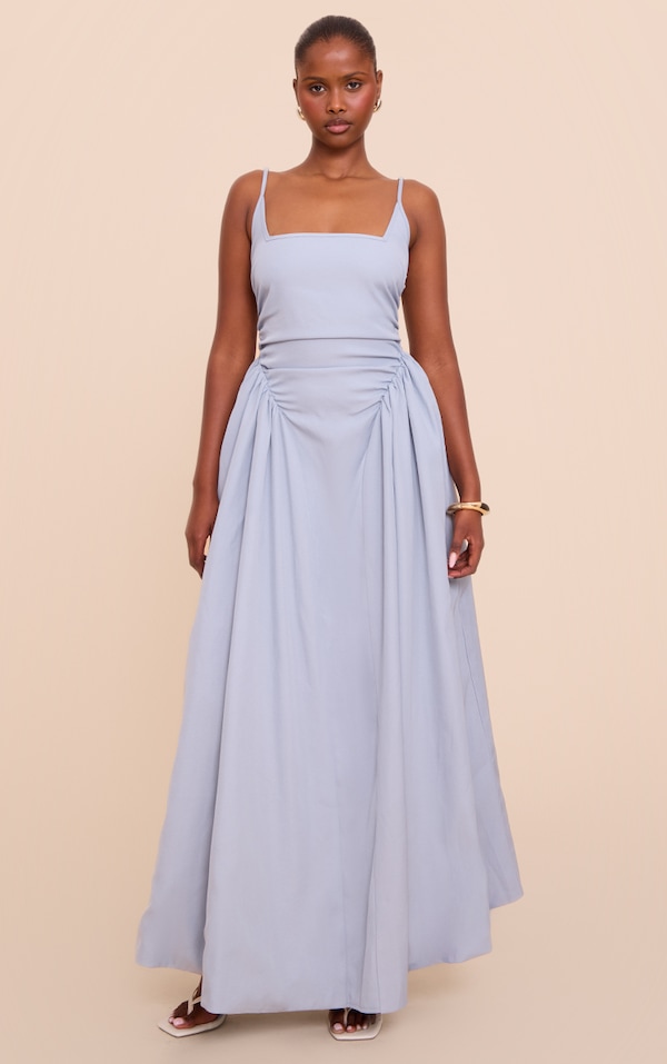 Light Blue Woven Ruched Strappy Maxi Dress