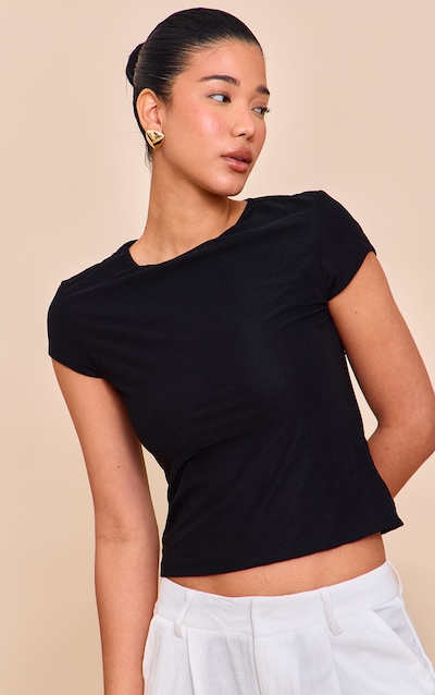 Black Stretch Chiffon Cap Sleeve Fitted T Shirt