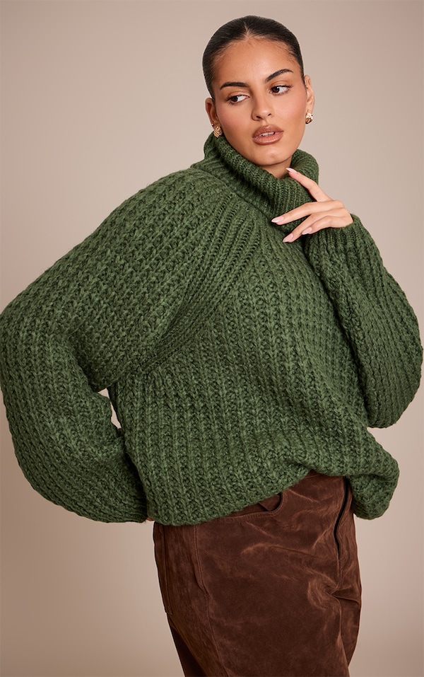 Plus Forest Green Chunky Knitted Roll Neck Jumper 