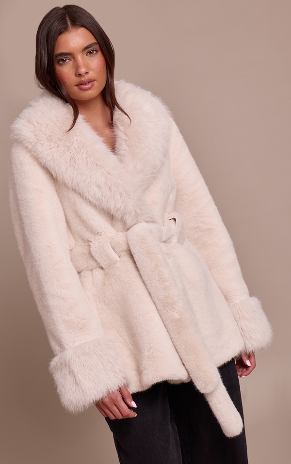 Cream Plush Faux Fur Self Tie Coat