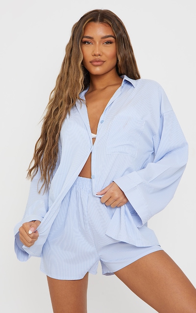 Light Blue Pinstripe Woven Balloon Sleeve Oversized Shirt