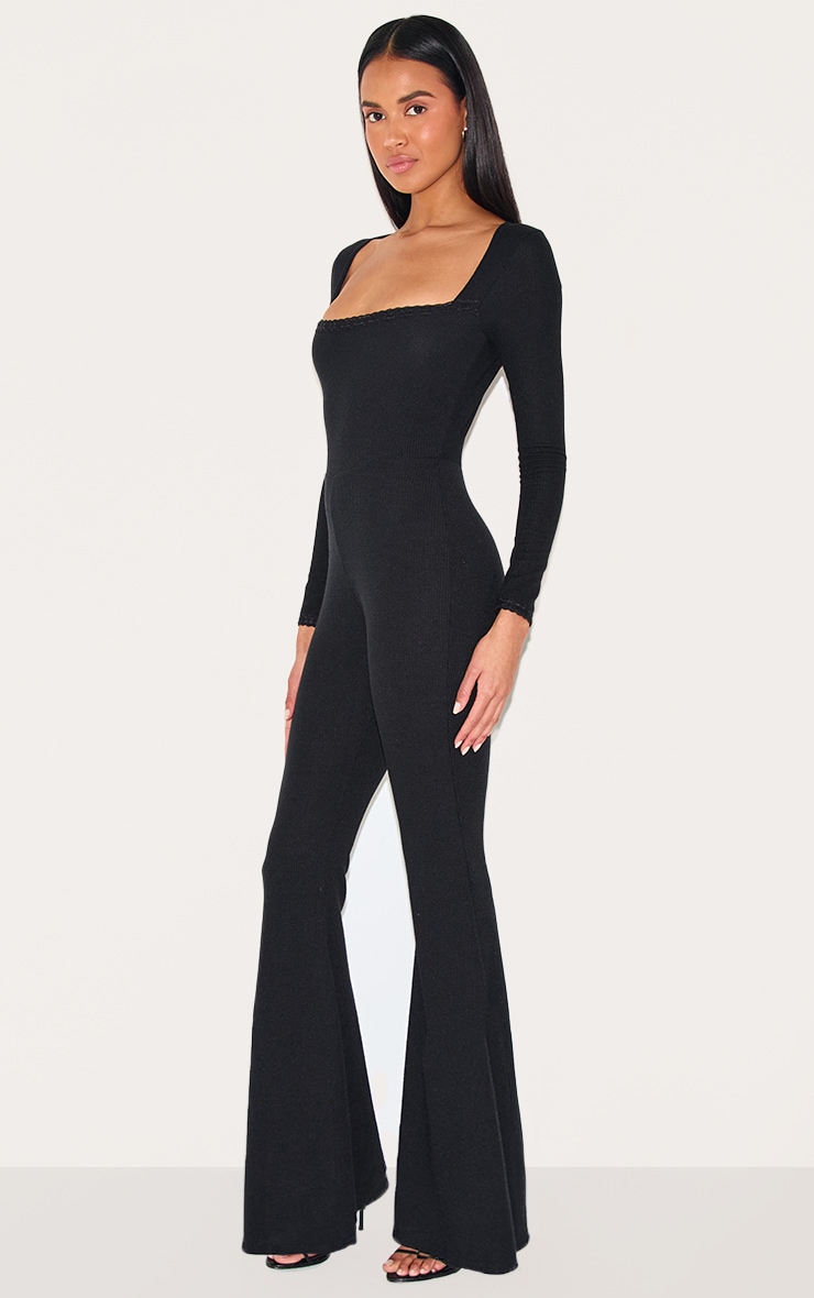 Black Ribbed Lace Trim Long Sleeve Flared Leg Jumpsuit image 3