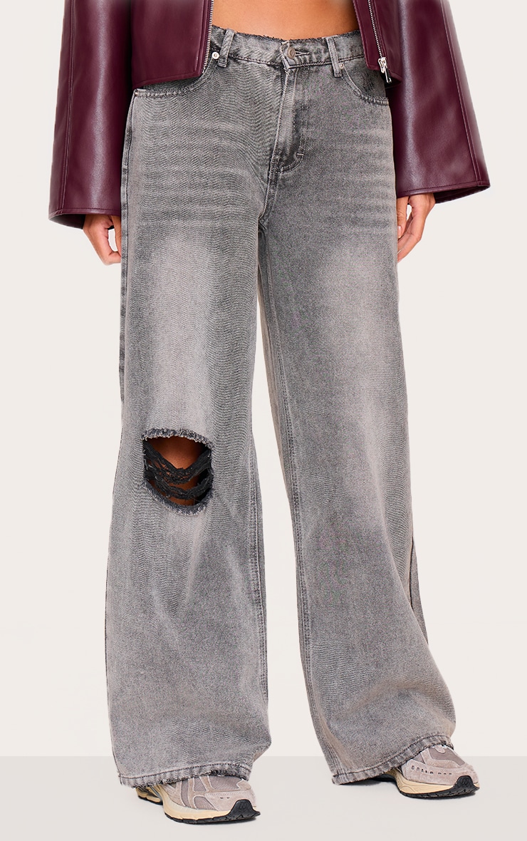 Grey Ripped Knee Frayed Hem Boyfriend Jeans image 2