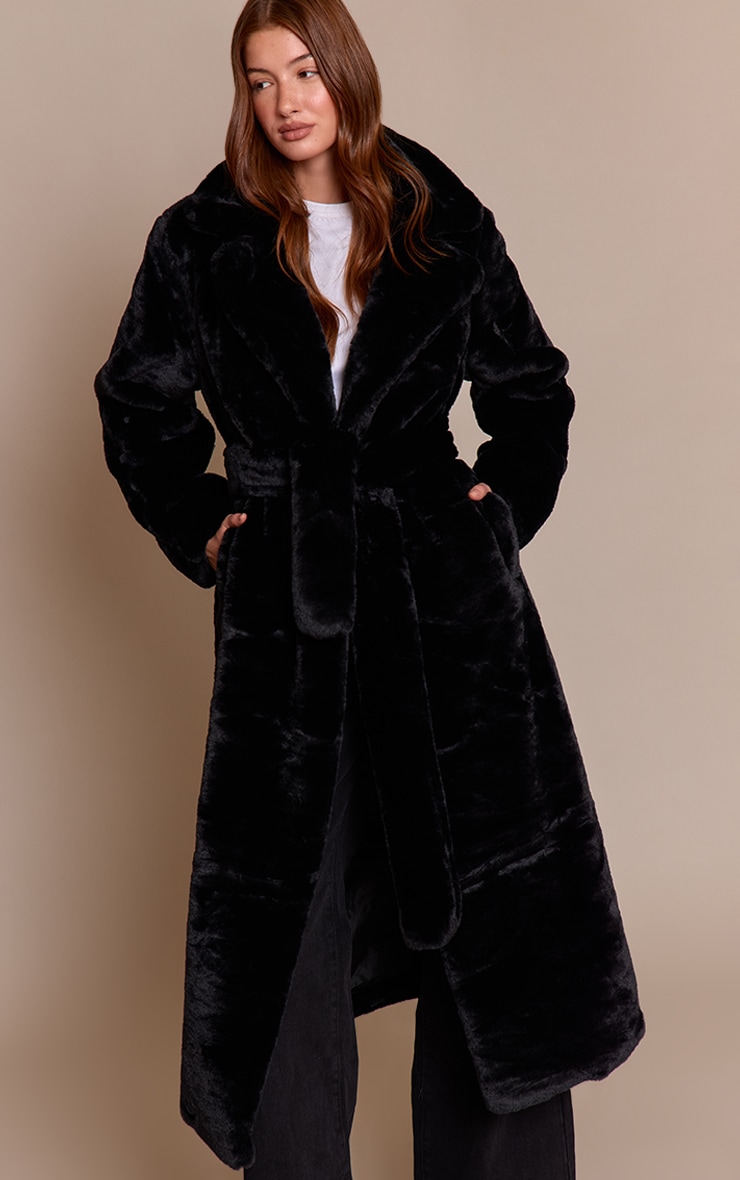 Manteau long en fausse fourrure noire à taille nouée image 1